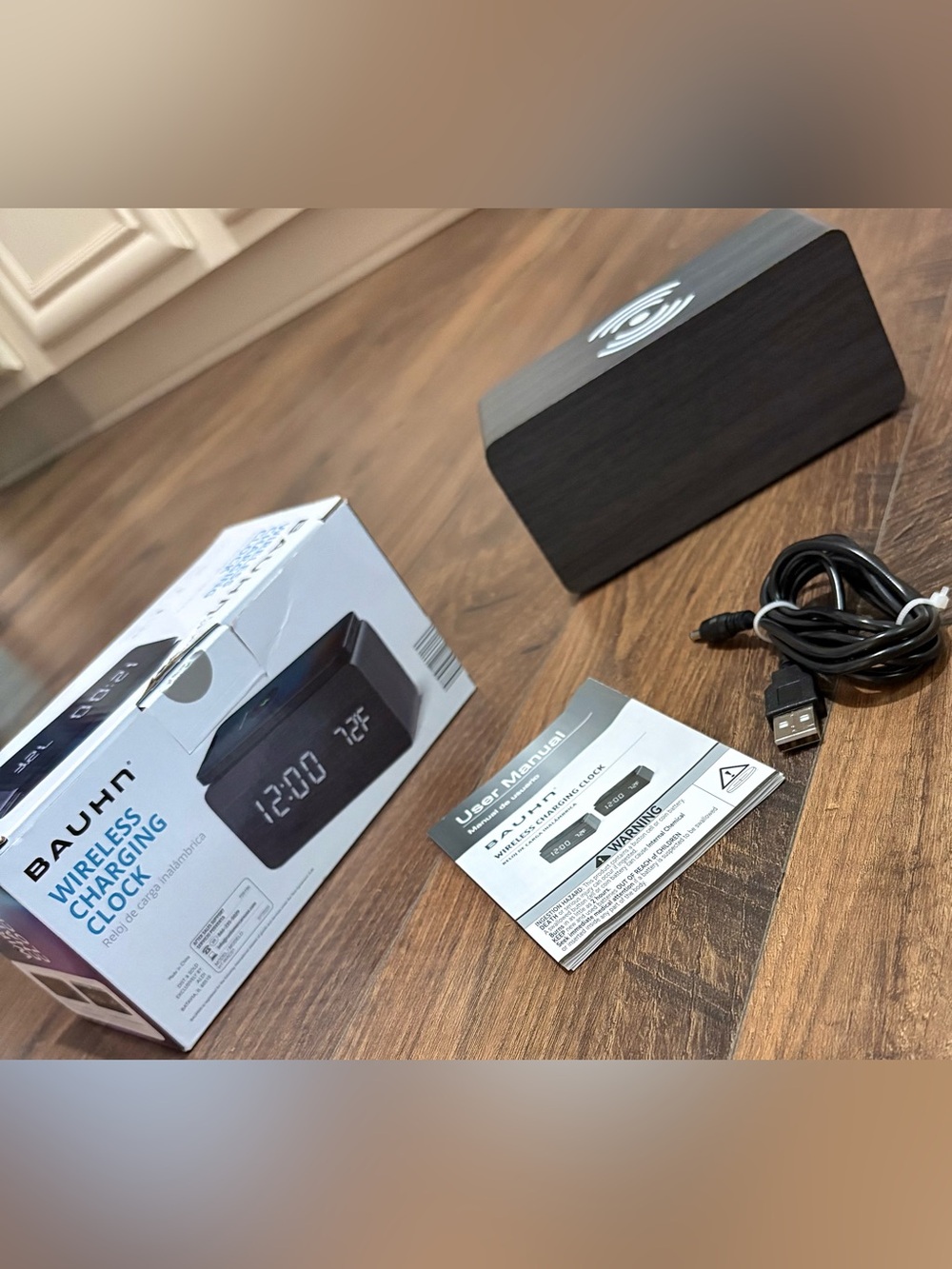 BAUHN Wireless Charging Clock - Black Wood Grain